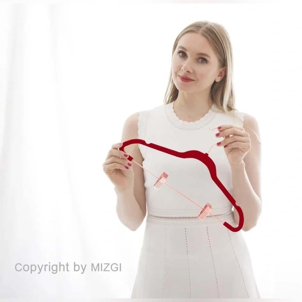 NEW Premium Space Saver Velvet Non-Slip Pants Hangers with Clips, 20 Red